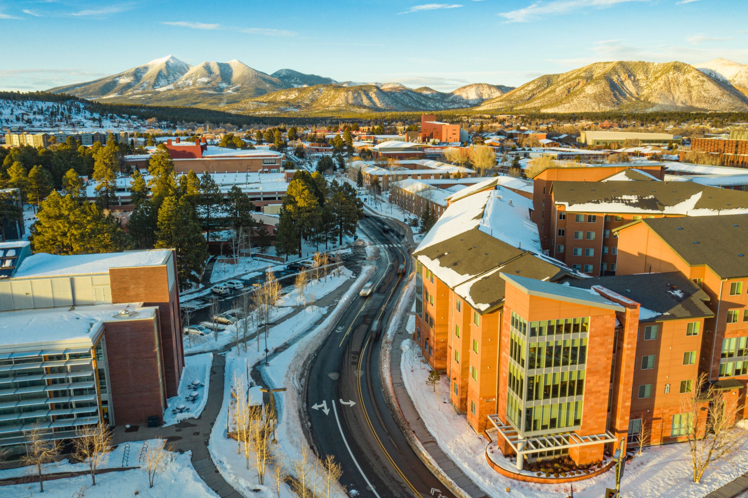 Aerial drone view of the NAU Flagstaff campus by the Honors Hall.