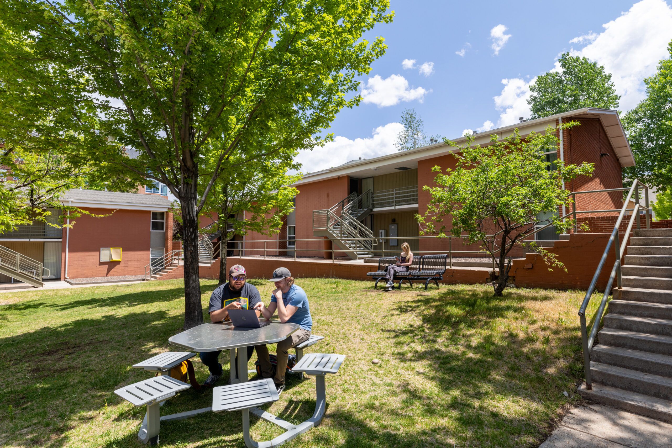 Students working at a picnic table outside Campus Heights residence hall in the shade of a tree.