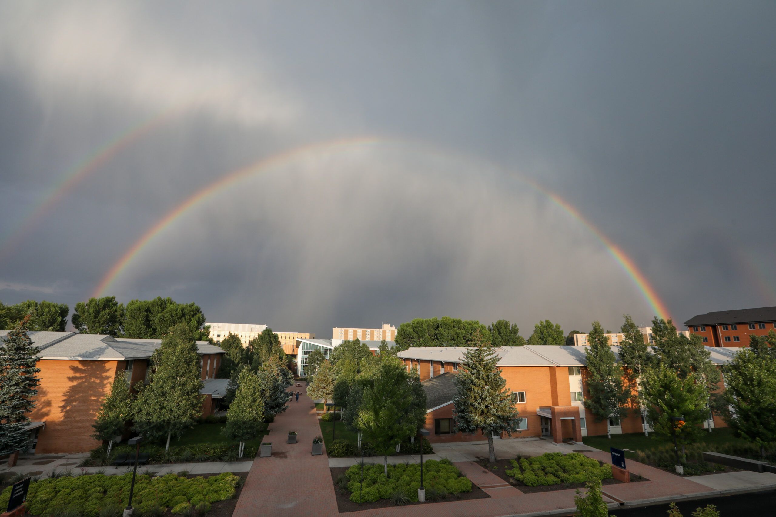 A double rainbow gracing a very green and vibrant NAU campus in Flagstaff.
