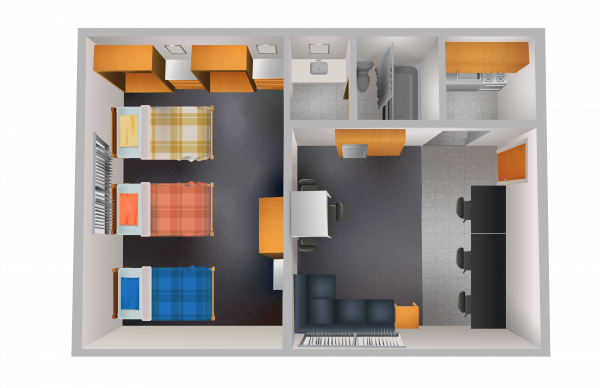 3D top view rendering of a McDonald apartment for 3 students including bedroom, kitchen, bathroom, and living area. 