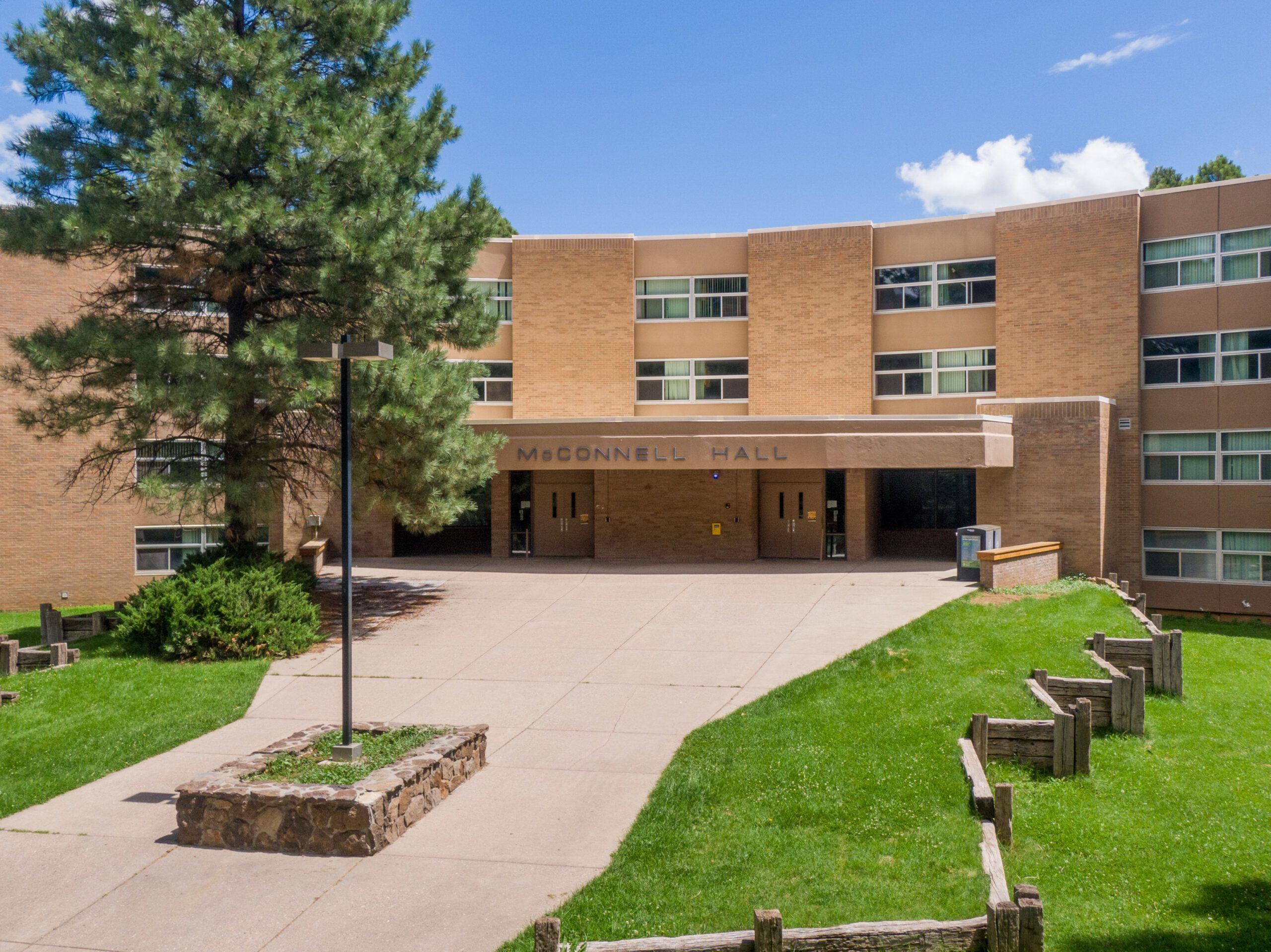 The outside of McConnell Hall, a residential hall, on NAU Flagstaff campus.