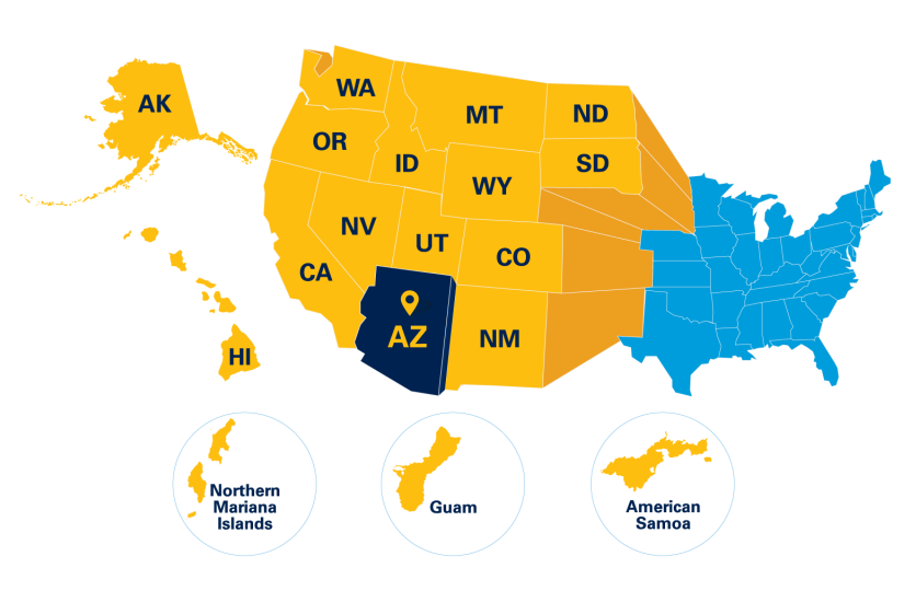 A map of WUE eligible states, including: AK, WA, MT, ND, OR, ID, WY, SD, NV, UT, CO, CA, NM, NM, Northern Marian islands, Guam, and American Samoa.