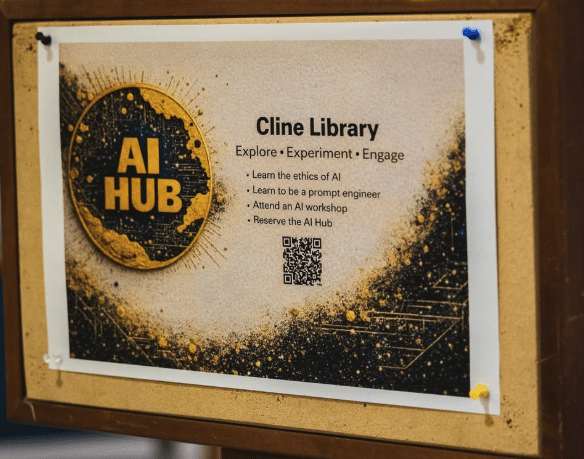 A sign for the AI Hub at Cline Library