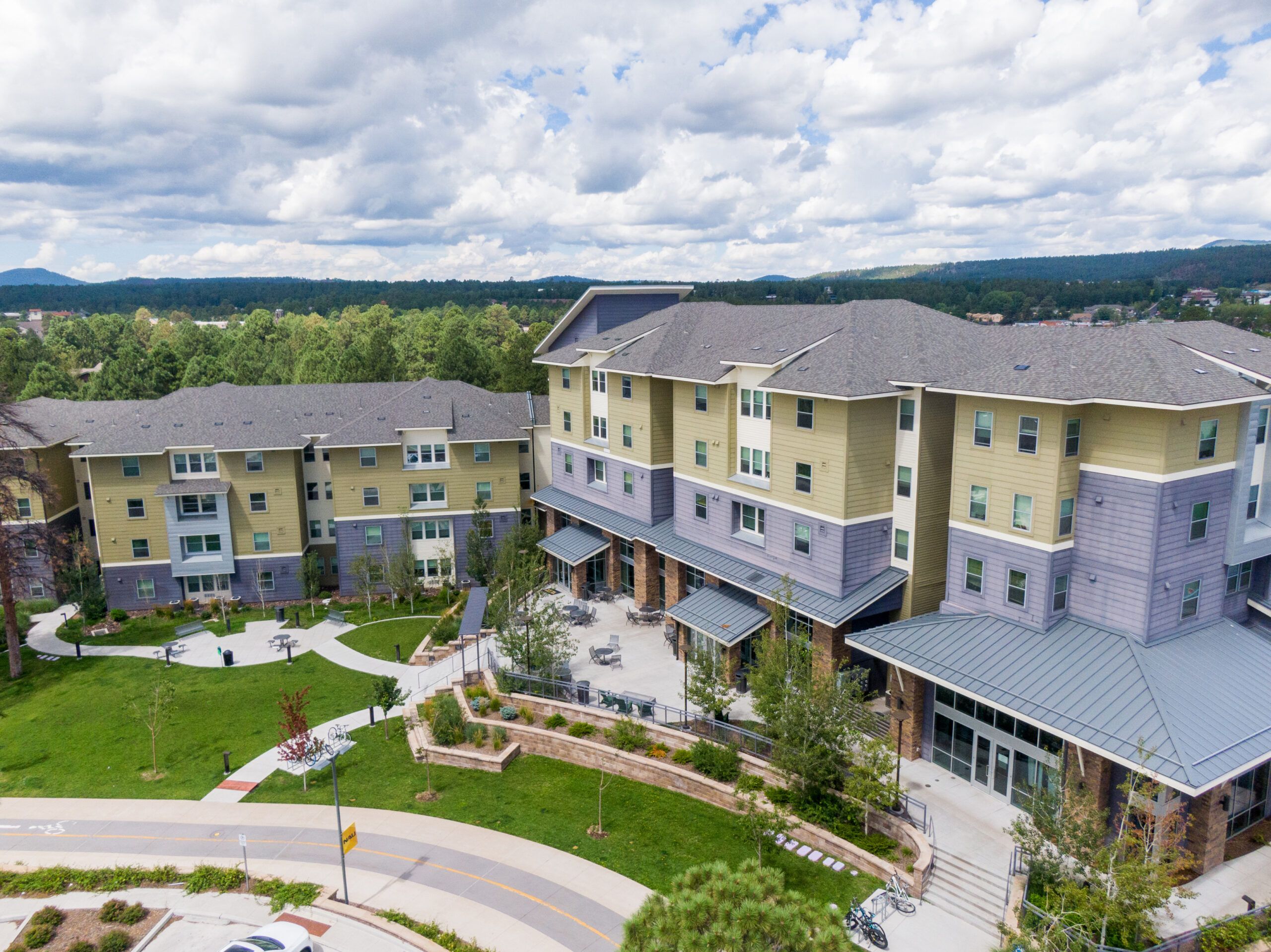 The outside of Skyview, a residential hall, at NAU Flagstaff campus.