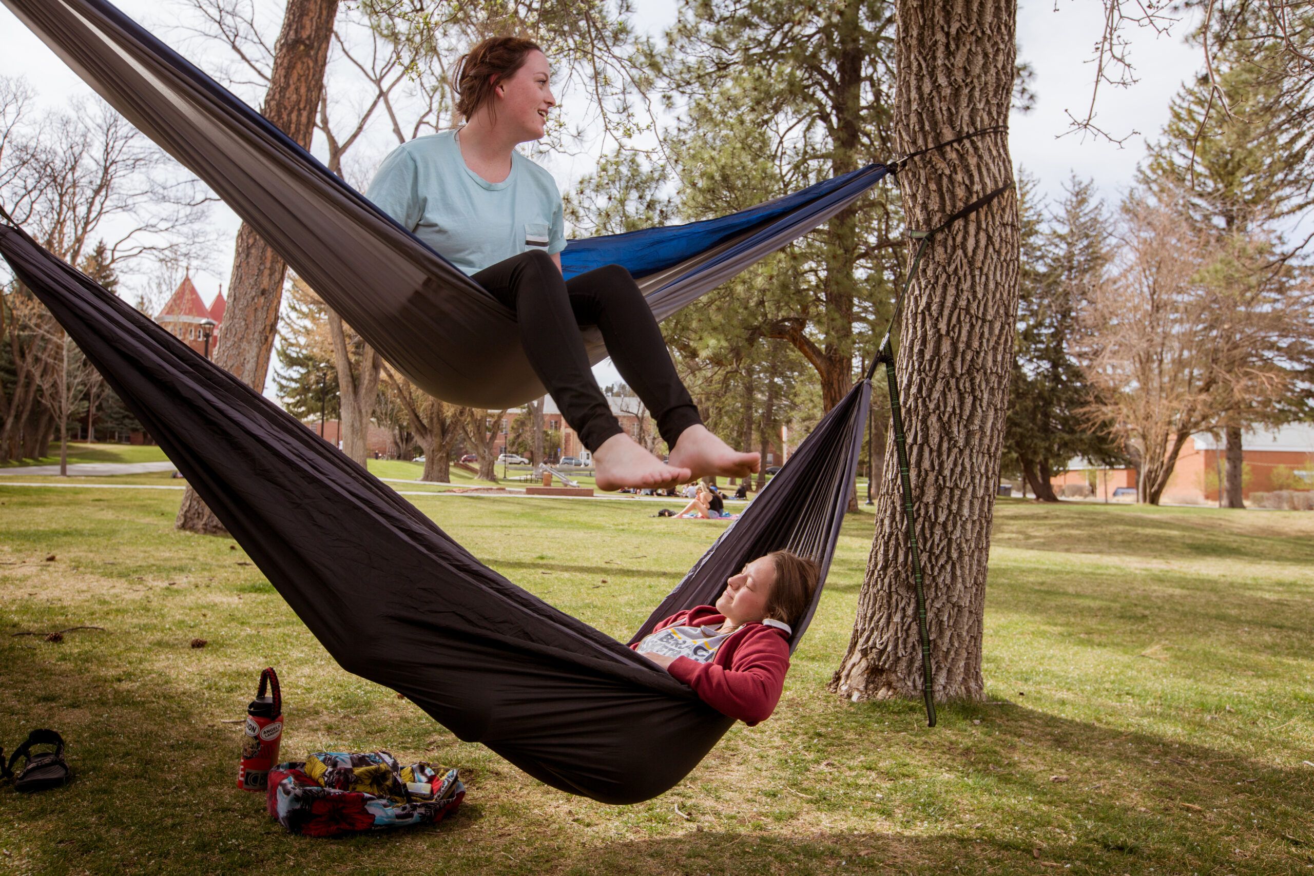 Two students lounge in hammocks on the lawn of north quad.